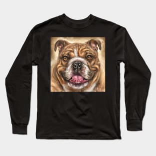 Painting of a White and Brown Bulldog Smiling on Beige Background Long Sleeve T-Shirt